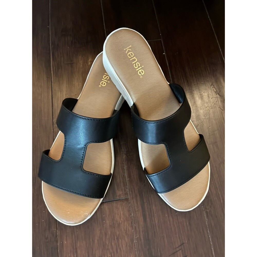 Kensie Sandals Slides Black Vegan Elena H Band Wedge Heel Slip Resistant Women 8